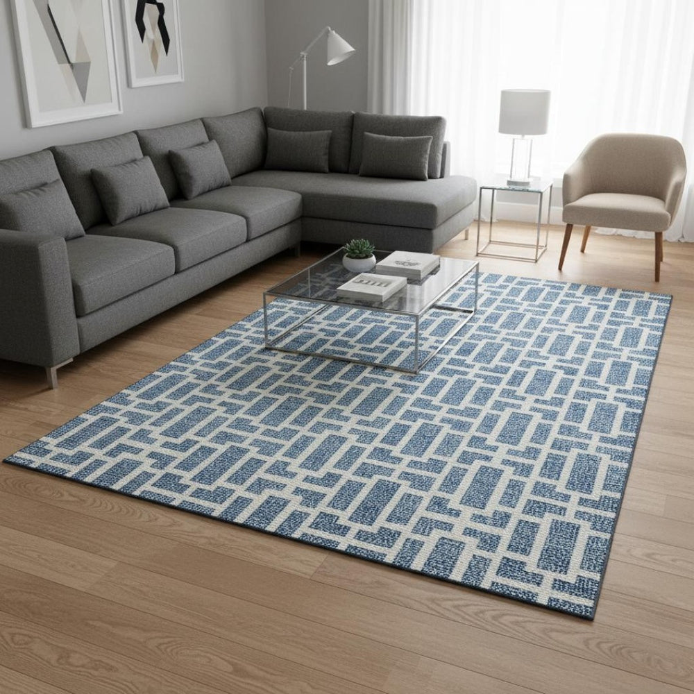 HomeRoots 8' X 10' Denim Blue Ivory Geometric Area Rug - Washable, Stain-Resistant, UV Protected for Durability 672825