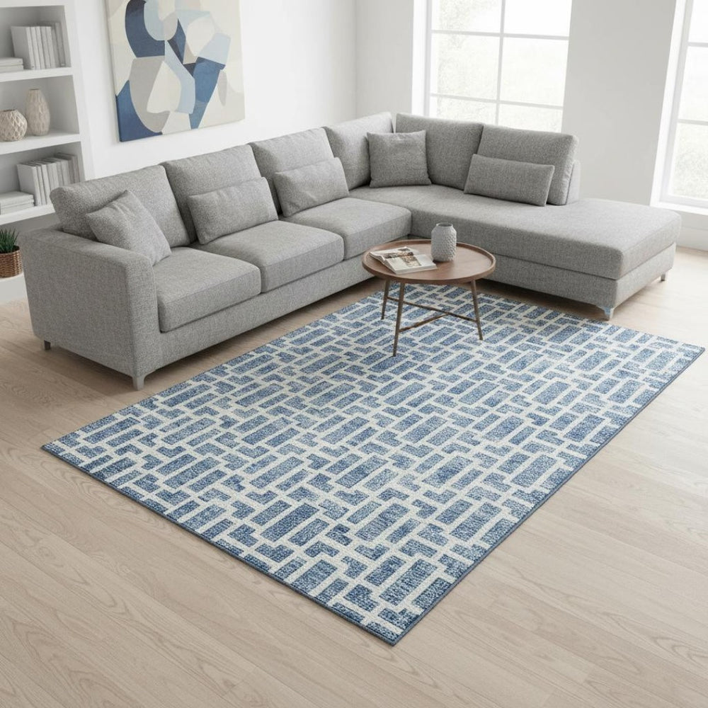 HomeRoots 9' Geometric Denim Blue & Ivory Area Rug | Washable, UV Protected, Durable for Kids & Pets 672826