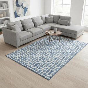 HomeRoots 9' Geometric Denim Blue & Ivory Area Rug | Washable, UV Protected, Durable for Kids & Pets 672826