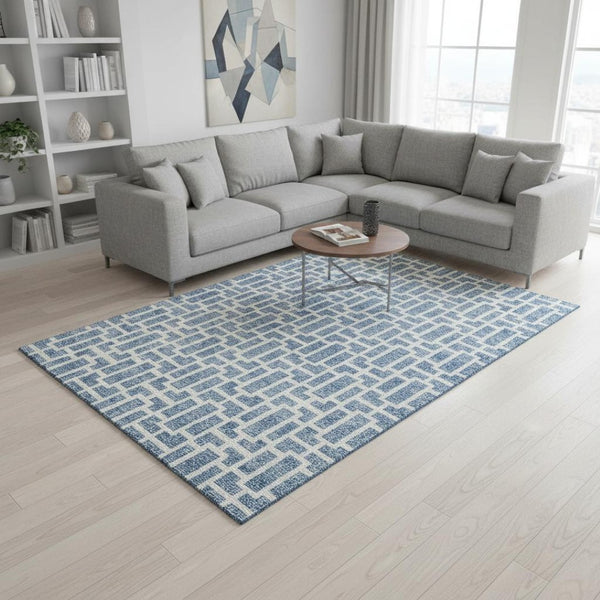 HomeRoots 10' X 14' Denim Blue & Ivory Geometric Area Rug - Stain-Resistant, UV-Protected, Machine-Woven Elegance 672827