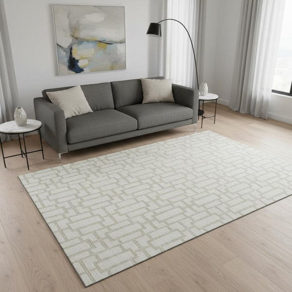 HomeRoots 5' X 8' Ivory and Beige Geometric Rug - Washable, UV-Protected, Stain-Resistant for Modern Homes 672829