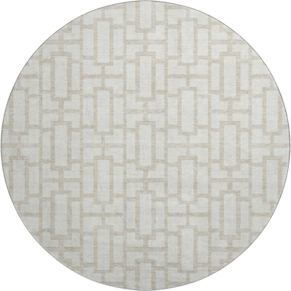 HomeRoots 8' Ivory and Beige Geometric Round Rug - Washable, UV Protected, Perfect for High-Traffic Areas 672830