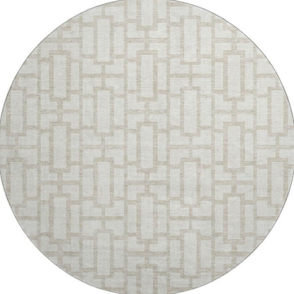 HomeRoots 8' Ivory and Beige Geometric Round Rug - Washable, UV Protected, Perfect for High-Traffic Areas 672830