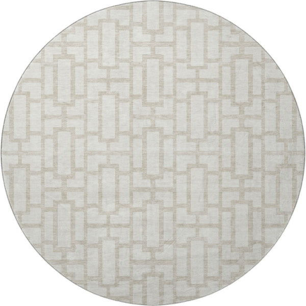 HomeRoots 8' Ivory and Beige Geometric Round Rug - Washable, UV Protected, Perfect for High-Traffic Areas 672830