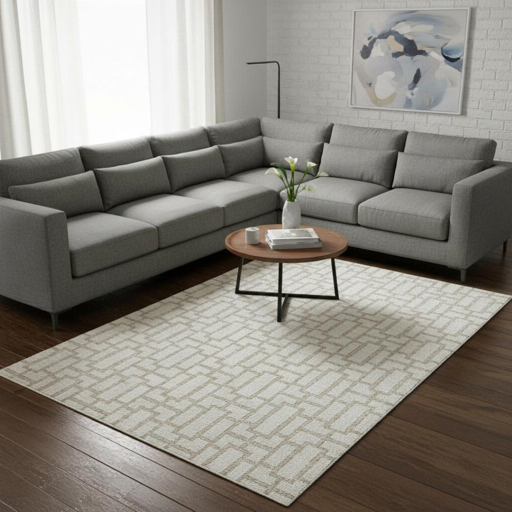 HomeRoots 8' X 10' Ivory Beige Geometric Area Rug - Washable, UV-Protected, Durable for High-Traffic Homes 672831