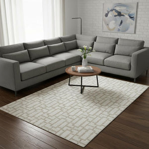 HomeRoots 8' X 10' Ivory Beige Geometric Area Rug - Washable, UV-Protected, Durable for High-Traffic Homes 672831