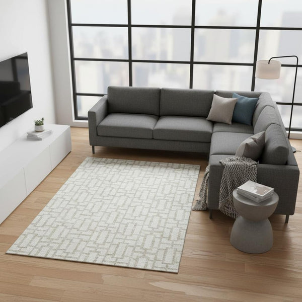 HomeRoots 9' X 12' Ivory & Beige Geometric Washable Area Rug - Stylish, Durable, Stain-Resistant & UV Protected! 672832