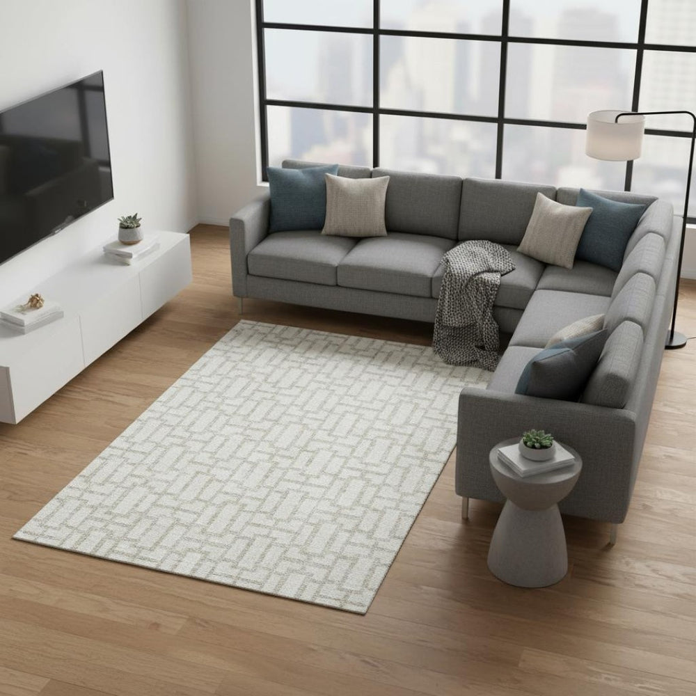 HomeRoots 10' X 14' Ivory And Beige Geometric Area Rug – Washable, Stain Resistant, UV Protected for Style & Comfort 672833