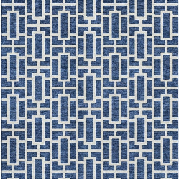 HomeRoots 5' Navy Blue & Ivory Geometric Area Rug - Washable, Stain-Resistant, UV Protected for Durability & Style 672835