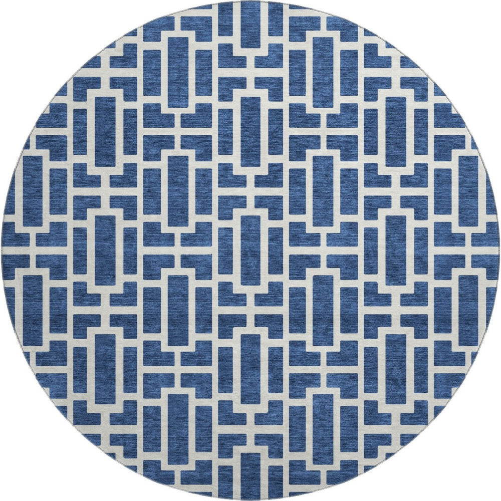 HomeRoots 8' Navy Blue Geometric Washable Round Rug with UV Protection - Durable & Stylish for High-Traffic Areas 672836