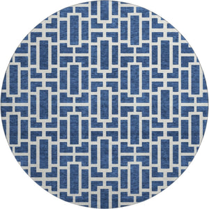 HomeRoots 8' Navy Blue Geometric Washable Round Rug with UV Protection - Durable & Stylish for High-Traffic Areas 672836