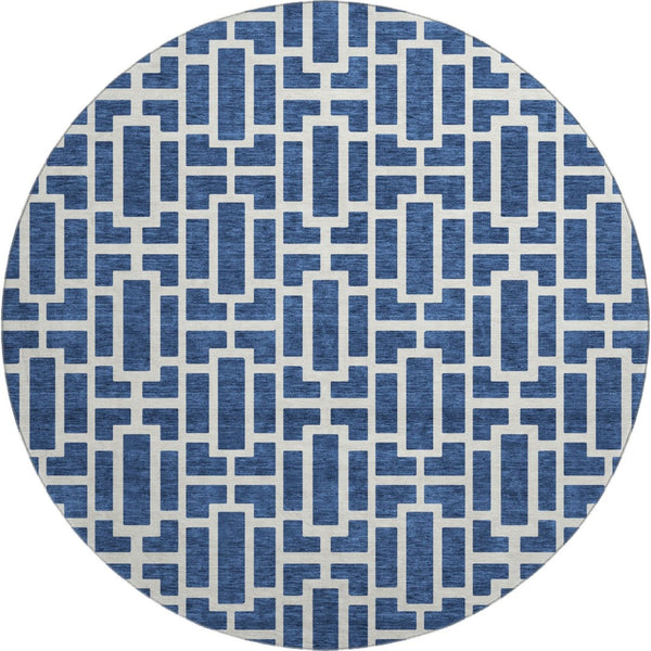 HomeRoots 8' Navy Blue Geometric Washable Round Rug with UV Protection - Durable & Stylish for High-Traffic Areas 672836