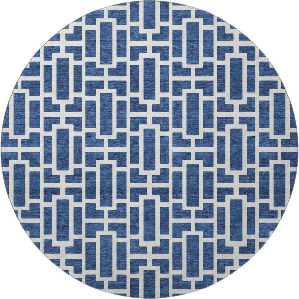 HomeRoots 8' Navy Blue Geometric Washable Round Rug with UV Protection - Durable & Stylish for High-Traffic Areas 672836