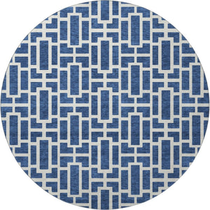 HomeRoots 8' Navy Blue Geometric Washable Round Rug with UV Protection - Durable & Stylish for High-Traffic Areas 672836