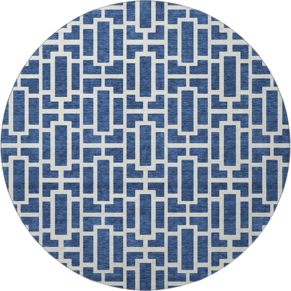 HomeRoots 8' Navy Blue Geometric Washable Round Rug with UV Protection - Durable & Stylish for High-Traffic Areas 672836