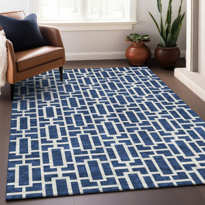 HomeRoots 9' X 12' Navy Blue & Ivory Geometric Area Rug – Washable, Stain-Resistant, UV Protected for Durability 672838