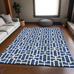 HomeRoots 9' X 12' Navy Blue & Ivory Geometric Area Rug – Washable, Stain-Resistant, UV Protected for Durability 672838