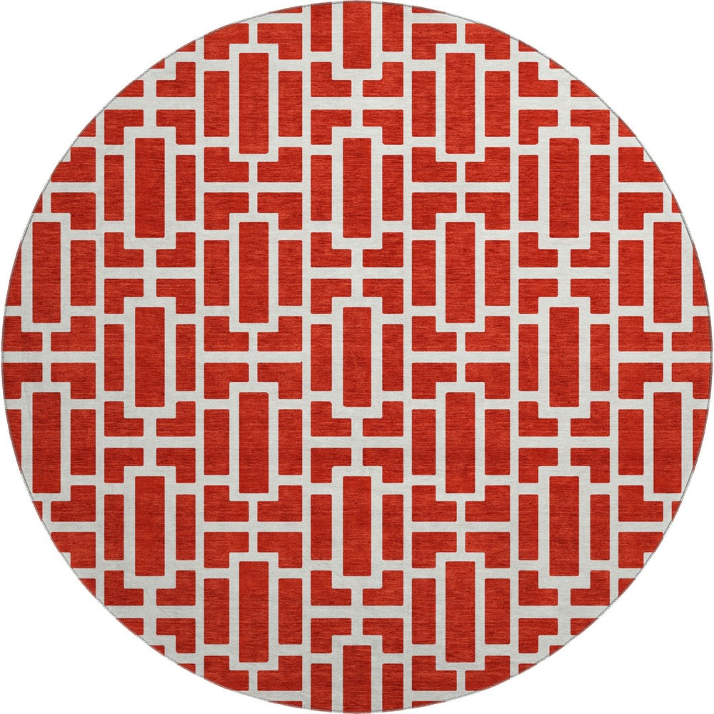 HomeRoots 8' Red And Ivory Geometric Washable Round Rug – Durable, UV-Protected, Perfect for High-Traffic Spaces! 672842