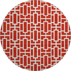 HomeRoots 8' Red And Ivory Geometric Washable Round Rug – Durable, UV-Protected, Perfect for High-Traffic Spaces! 672842