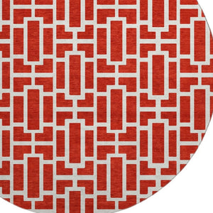 HomeRoots 8' Red And Ivory Geometric Washable Round Rug – Durable, UV-Protected, Perfect for High-Traffic Spaces! 672842