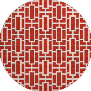 HomeRoots 8' Red And Ivory Geometric Washable Round Rug – Durable, UV-Protected, Perfect for High-Traffic Spaces! 672842