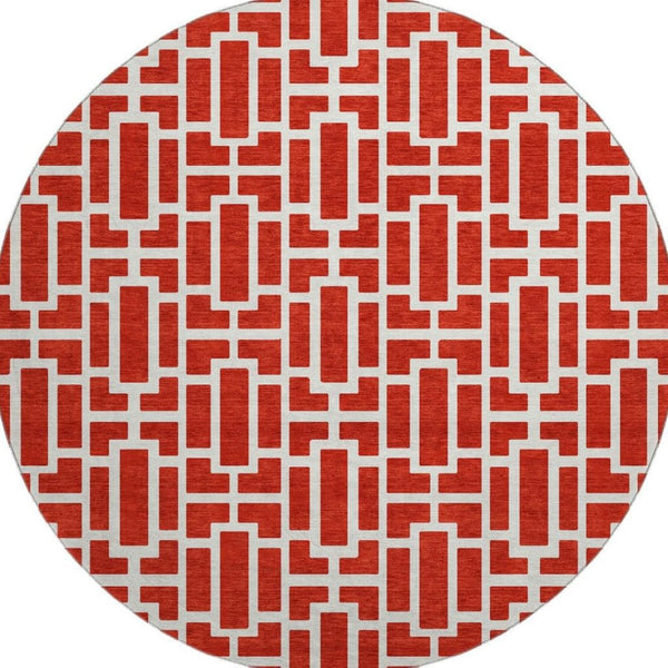 HomeRoots 8' Red And Ivory Geometric Washable Round Rug – Durable, UV-Protected, Perfect for High-Traffic Spaces! 672842