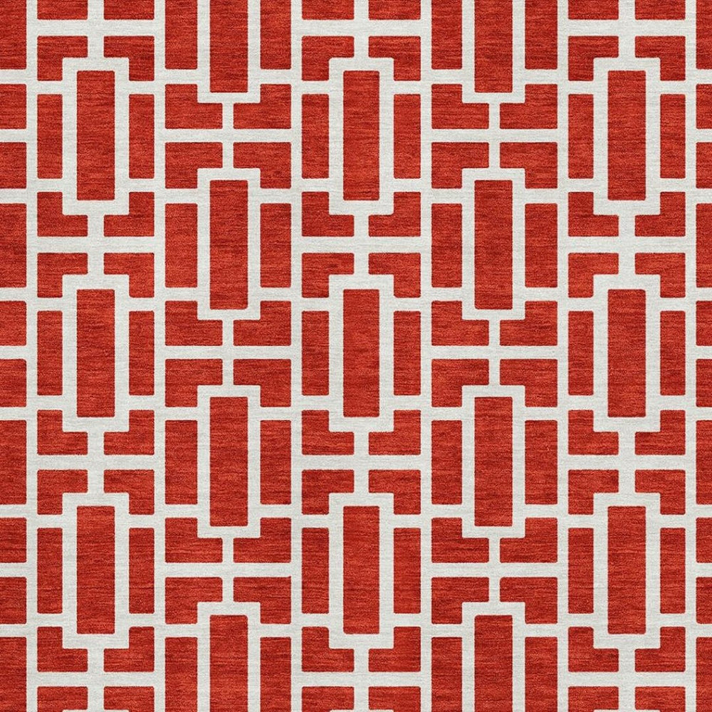 HomeRoots 9' X 12' Red & Ivory Geometric Area Rug - Washable, UV-Protected, Stylish, Perfect for Family Spaces! 672844