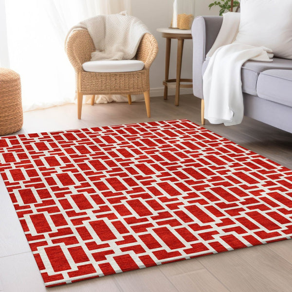 HomeRoots 10' X 14' Red and Ivory Geometric Area Rug - Washable, UV Protected, Perfect for Busy Family Spaces 672845