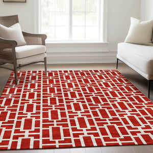 HomeRoots 10' X 14' Red and Ivory Geometric Area Rug - Washable, UV Protected, Perfect for Busy Family Spaces 672845