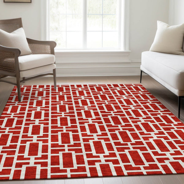 HomeRoots 10' X 14' Red and Ivory Geometric Area Rug - Washable, UV Protected, Perfect for Busy Family Spaces 672845