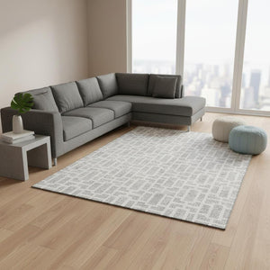 HomeRoots 9' X 12' Modern Silver & Ivory Geometric Washable Area Rug - Stain Resistant & UV Protected Elegance 672850