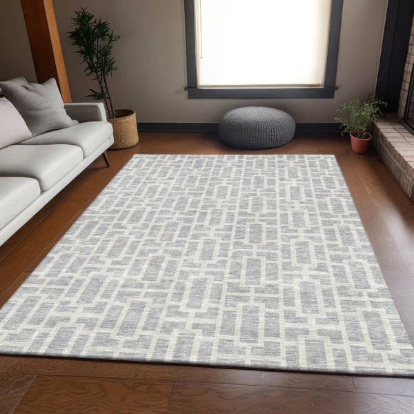 HomeRoots 9' X 12' Modern Silver & Ivory Geometric Washable Area Rug - Stain Resistant & UV Protected Elegance 672850