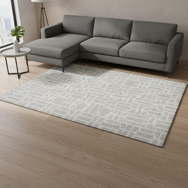 HomeRoots 10' X 14' Stylish Silver & Ivory Geometric Washable Area Rug with UV Protection for Busy Homes 672851