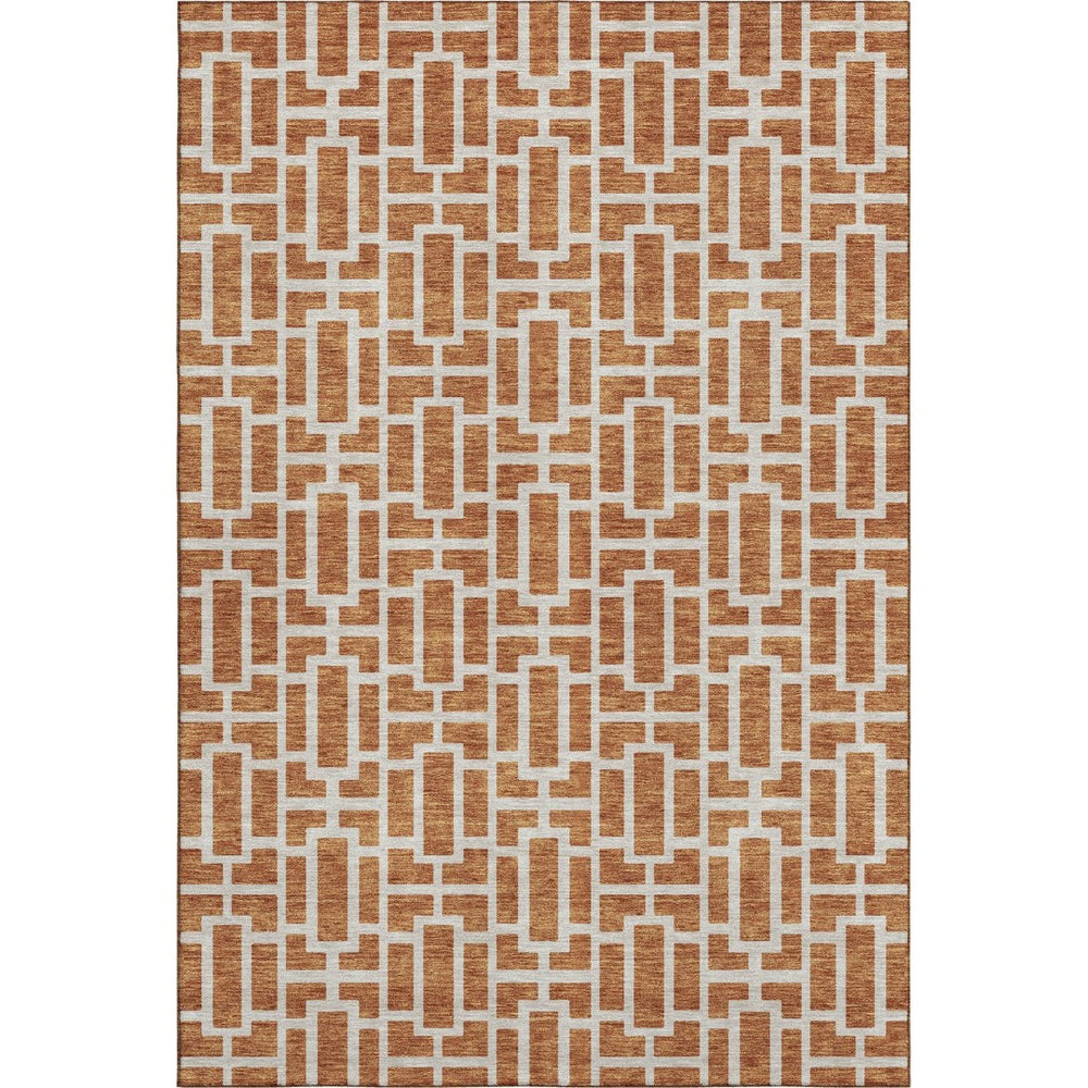 HomeRoots 5' X 8' Terra Cotta and Beige Geometric Washable Area Rug with UV Protection for Modern Living Spaces 672853