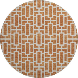 HomeRoots 8' Terra Cotta & Beige Geometric Round Rug - Washable, UV-Protected, Durable for High-Traffic Areas 672854