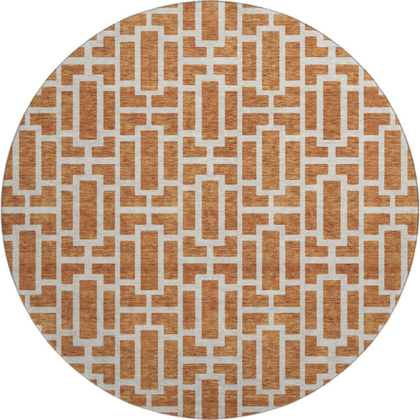 HomeRoots 8' Terra Cotta & Beige Geometric Round Rug - Washable, UV-Protected, Durable for High-Traffic Areas 672854