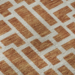 HomeRoots 8' Terra Cotta & Beige Geometric Round Rug - Washable, UV-Protected, Durable for High-Traffic Areas 672854
