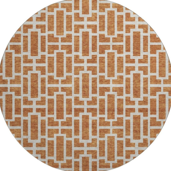 HomeRoots 8' Terra Cotta & Beige Geometric Round Rug - Washable, UV-Protected, Durable for High-Traffic Areas 672854