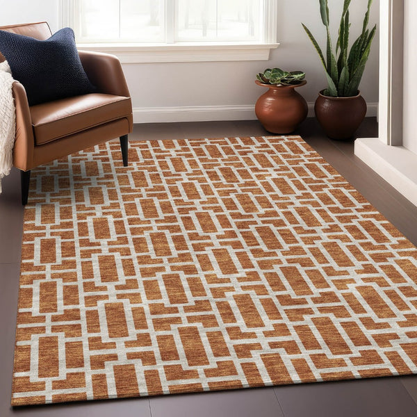 HomeRoots 9' X 12' Stylish Terra Cotta Beige Geometric Washable Area Rug - Durable, UV Protected & Soft! 672856