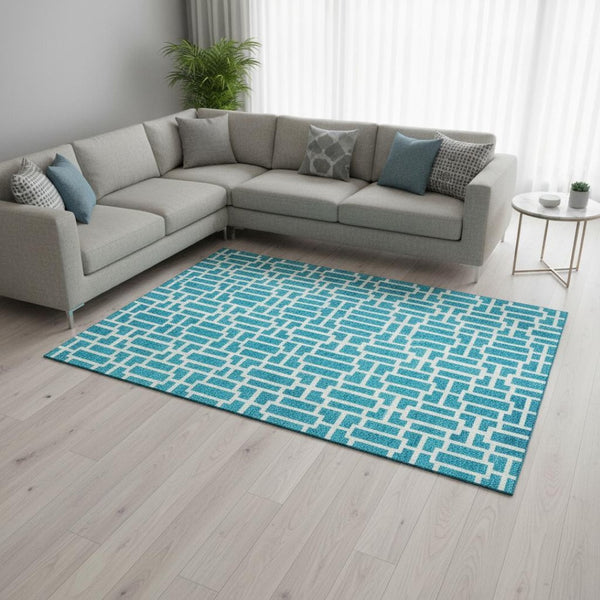 HomeRoots 8' X 10' Turquoise & Ivory Geometric Area Rug – Washable, UV-Protected, Easy-Care for High-Traffic Areas 672861