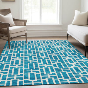 HomeRoots 9' X 12' Turquoise and Ivory Geometric Area Rug – Stylish, Washable, UV-Protected for High-Traffic Spaces 672862