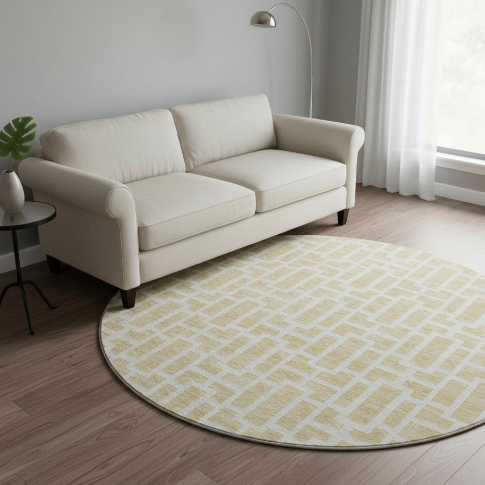HomeRoots 8' Stylish Wheat and Ivory Geometric Washable Round Rug with UV Protection for High-Traffic Areas 672866