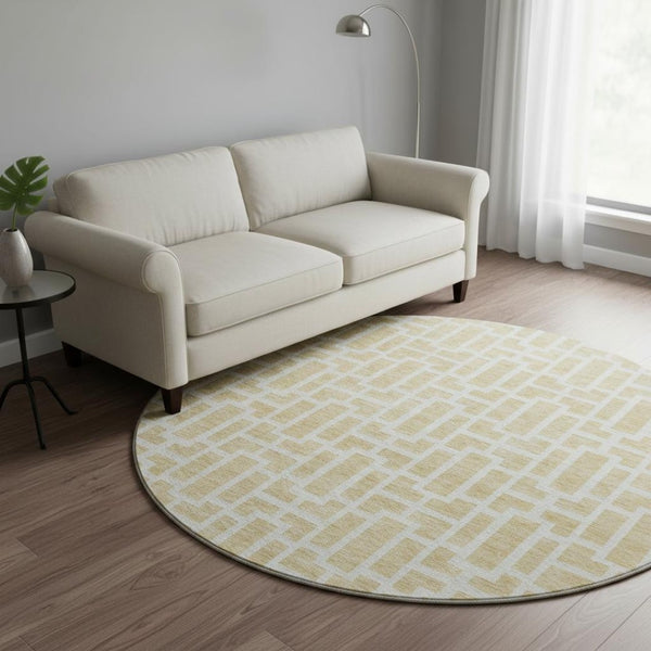 HomeRoots 8' Stylish Wheat and Ivory Geometric Washable Round Rug with UV Protection for High-Traffic Areas 672866