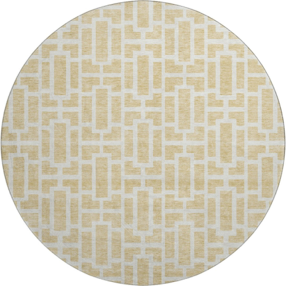 HomeRoots 8' Stylish Wheat and Ivory Geometric Washable Round Rug with UV Protection for High-Traffic Areas 672866