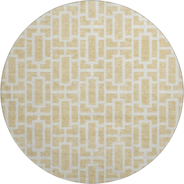 HomeRoots 8' Stylish Wheat and Ivory Geometric Washable Round Rug with UV Protection for High-Traffic Areas 672866