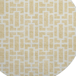 HomeRoots 8' Stylish Wheat and Ivory Geometric Washable Round Rug with UV Protection for High-Traffic Areas 672866