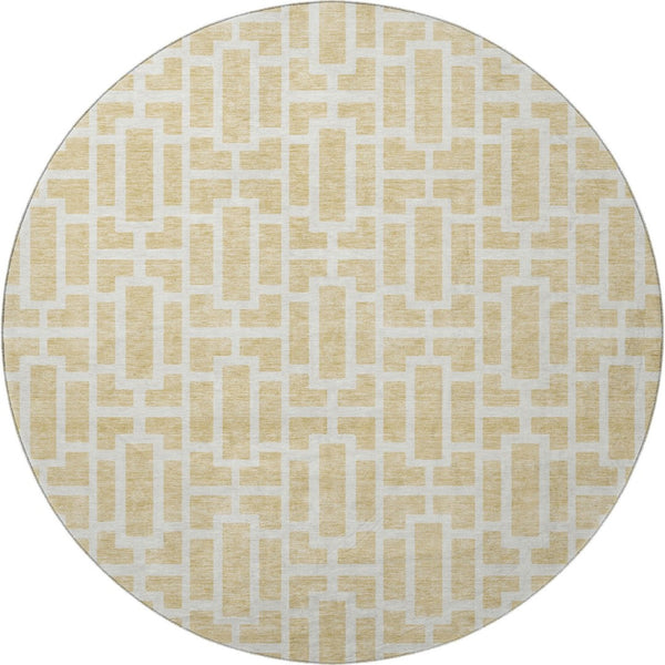 HomeRoots 8' Stylish Wheat and Ivory Geometric Washable Round Rug with UV Protection for High-Traffic Areas 672866