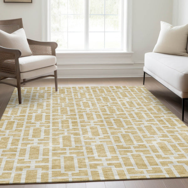 HomeRoots 8' X 10' Wheat and Ivory Geometric Area Rug - Washable, UV Protected, Durable for Busy Homes! 672867