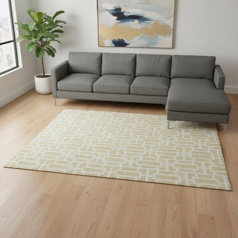 HomeRoots 9' X 12' Wheat Geometric Area Rug - Washable, Stain-Resistant, UV Protected for Modern Living Spaces 672868
