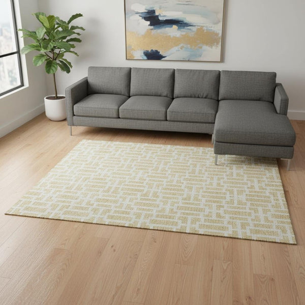 HomeRoots 9' X 12' Wheat Geometric Area Rug - Washable, Stain-Resistant, UV Protected for Modern Living Spaces 672868